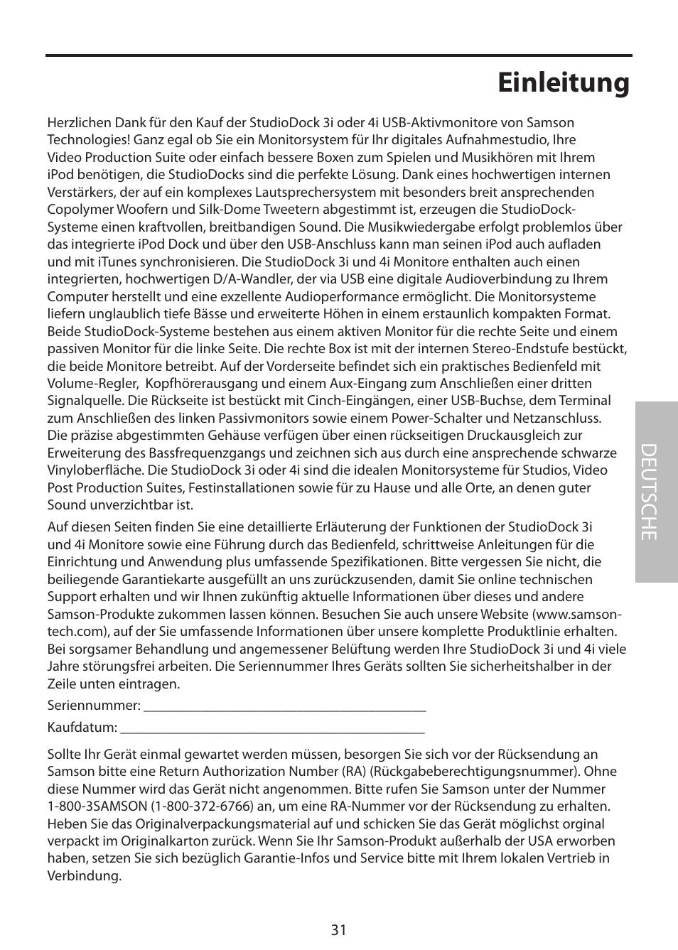Einleitung, Deut sche | Samson StudioDock 3i User Manual | Page 37 / 88