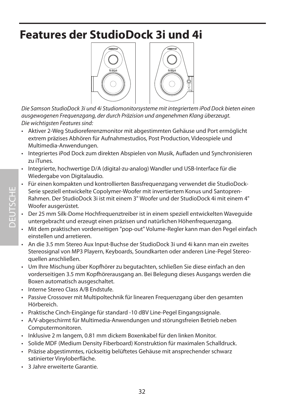 Features der studiodock 3i und 4i, Deut sche | Samson StudioDock 3i User Manual | Page 38 / 88