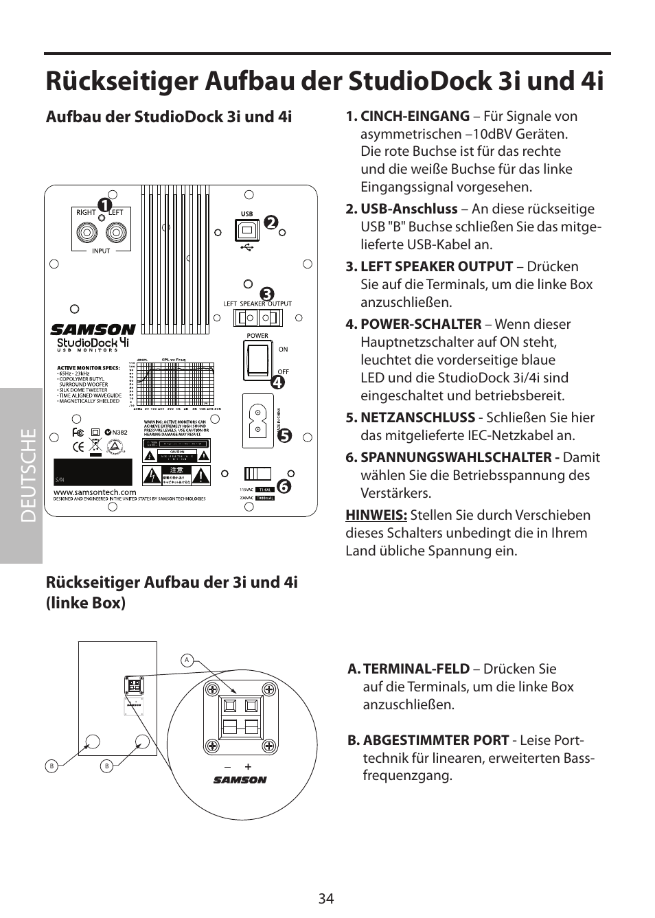 Rückseitiger aufbau der studiodock 3i und 4i, Deut sche | Samson StudioDock 3i User Manual | Page 40 / 88