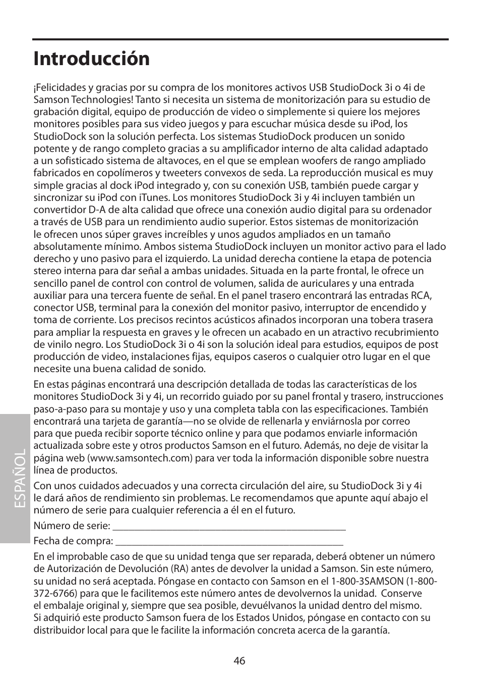 Introducción, Esp añol | Samson StudioDock 3i User Manual | Page 52 / 88