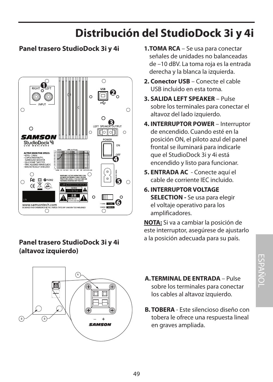 Distribución del studiodock 3i y 4i, Esp añol | Samson StudioDock 3i User Manual | Page 55 / 88