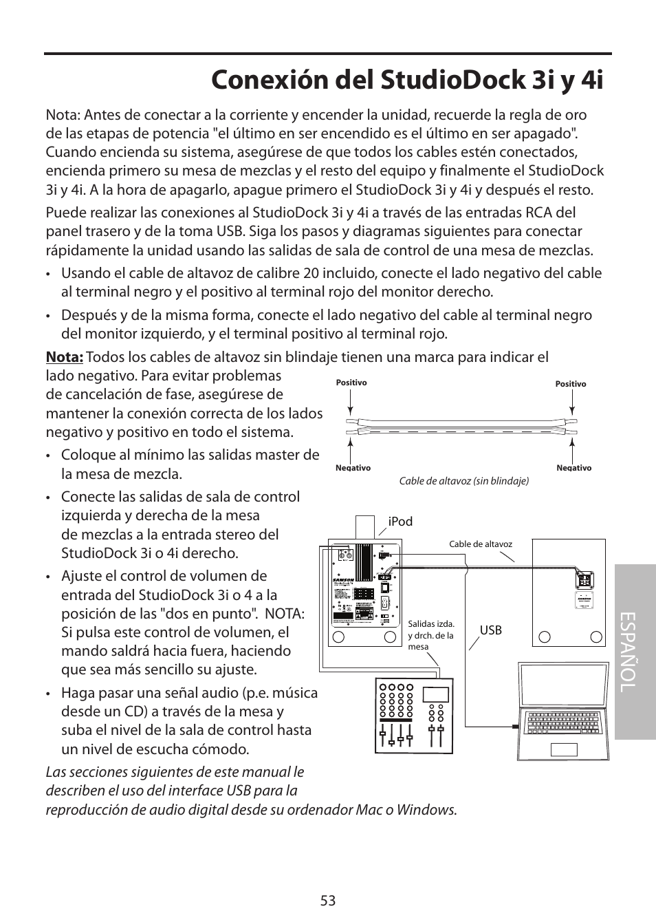 Conexión del studiodock 3i y 4i, Esp añol | Samson StudioDock 3i User Manual | Page 59 / 88