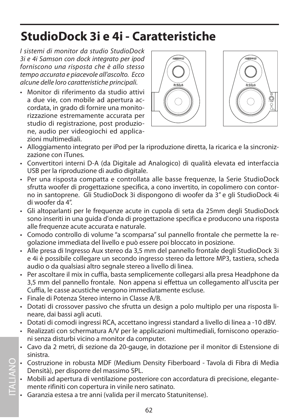 Studiodock 3i e 4i - caratteristiche, It aliano | Samson StudioDock 3i User Manual | Page 68 / 88