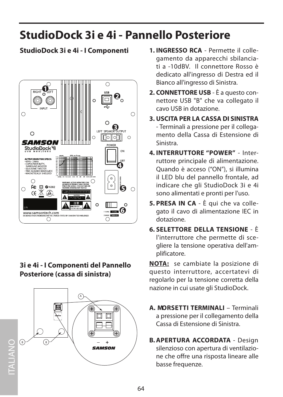 Studiodock 3i e 4i - pannello posteriore, It aliano | Samson StudioDock 3i User Manual | Page 70 / 88