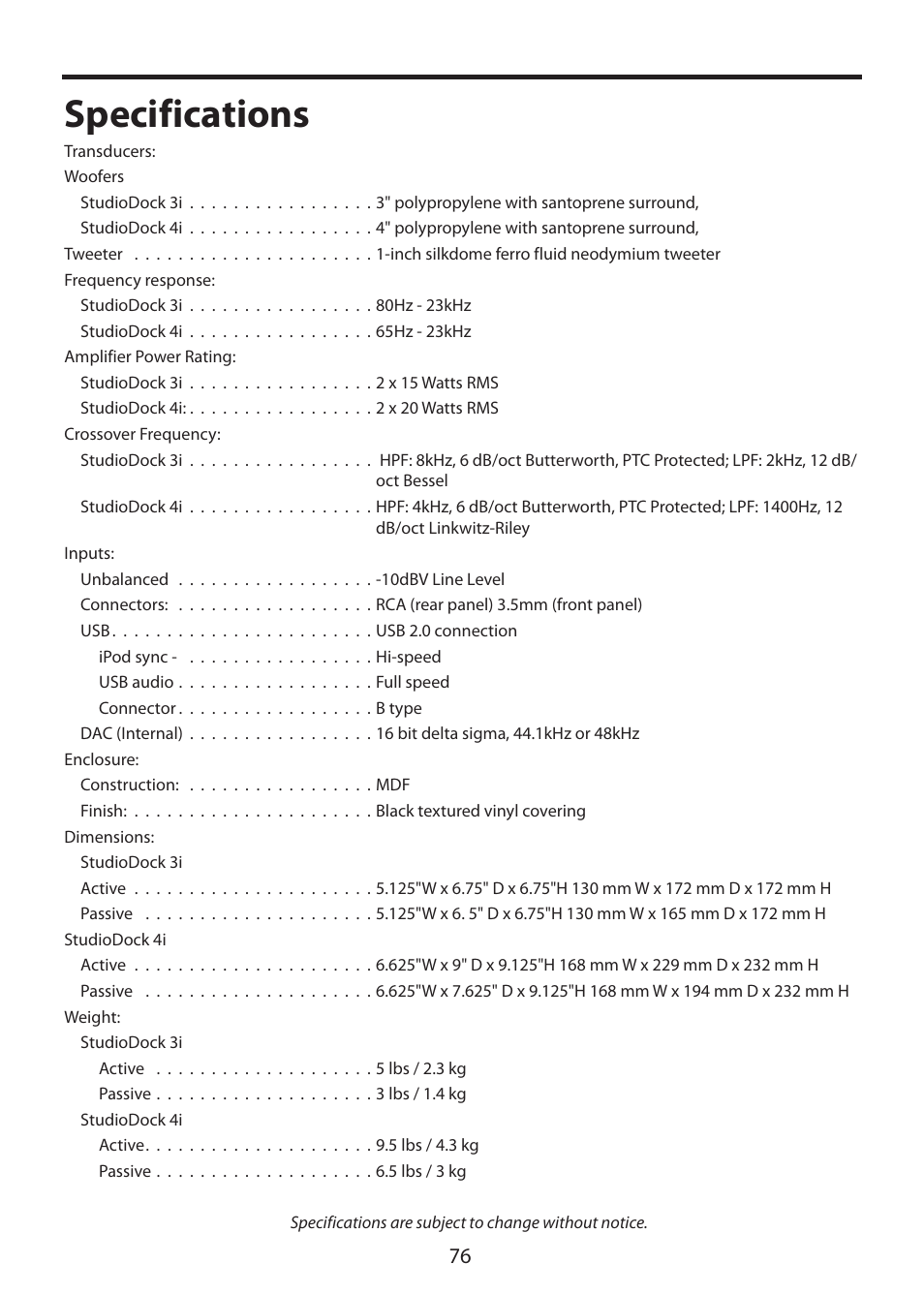 Specifications | Samson StudioDock 3i User Manual | Page 82 / 88