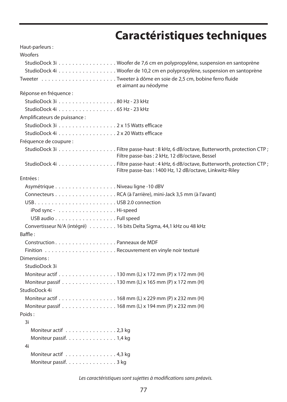 Caractéristiques techniques | Samson StudioDock 3i User Manual | Page 83 / 88