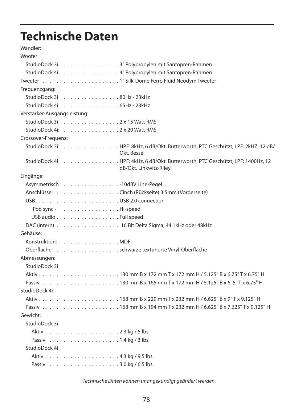 Technische daten | Samson StudioDock 3i User Manual | Page 84 / 88