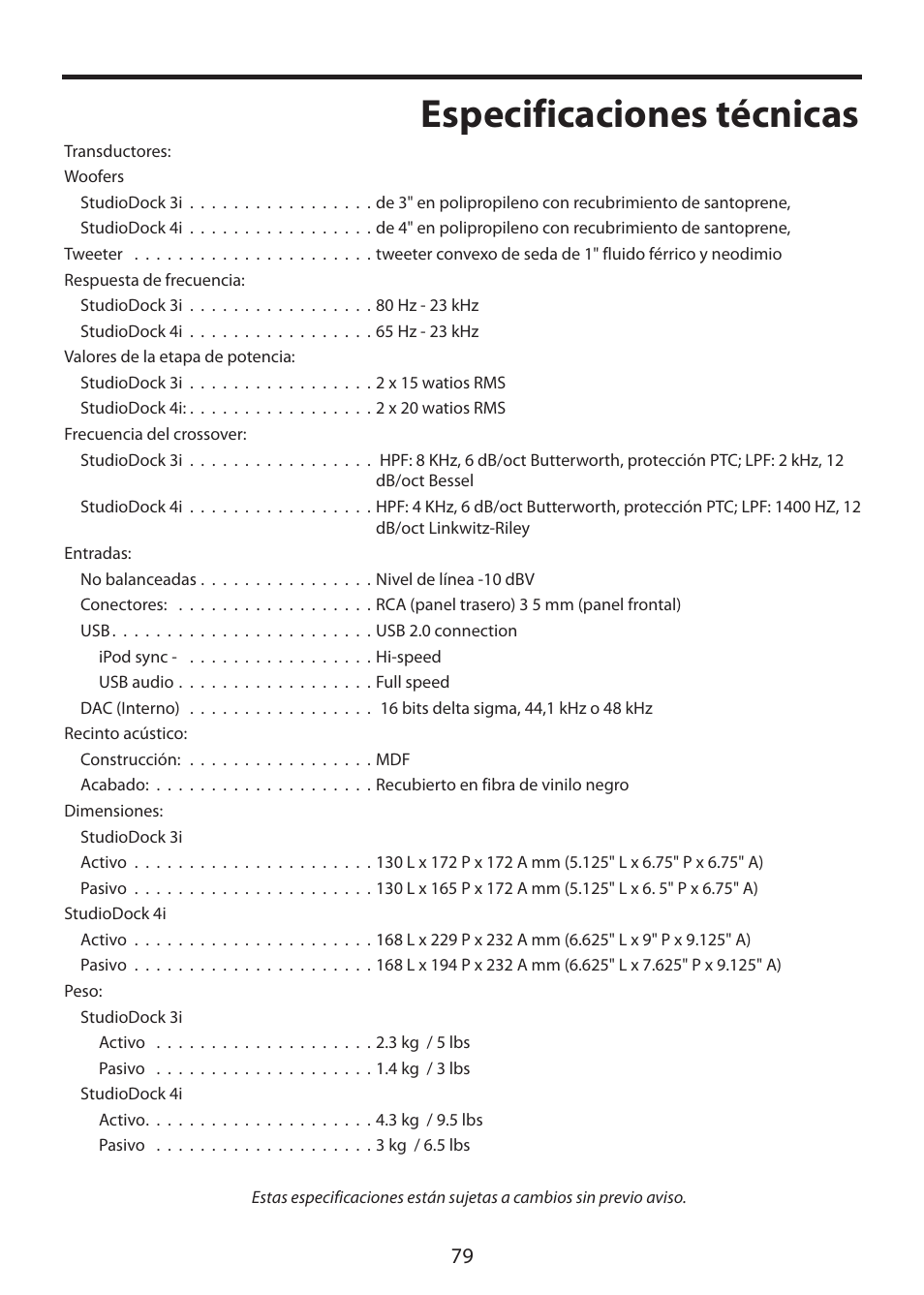 Especificaciones técnicas | Samson StudioDock 3i User Manual | Page 85 / 88