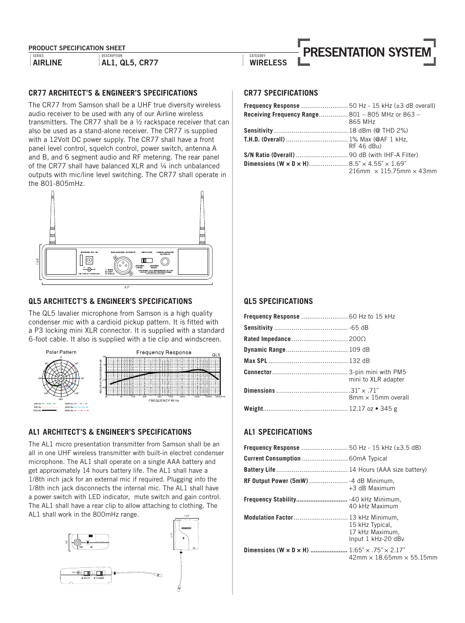 Presentation system, Cr77 architect’s & engineer’s specifications, Ql5 architect’s & engineer’s specifications | Airline, Al1, ql5, cr77, Wireless cr77 specifications, Ql5 specifications, Al1 architect’s & engineer’s specifications, Al1 specifications | Samson QL5 User Manual | Page 2 / 2