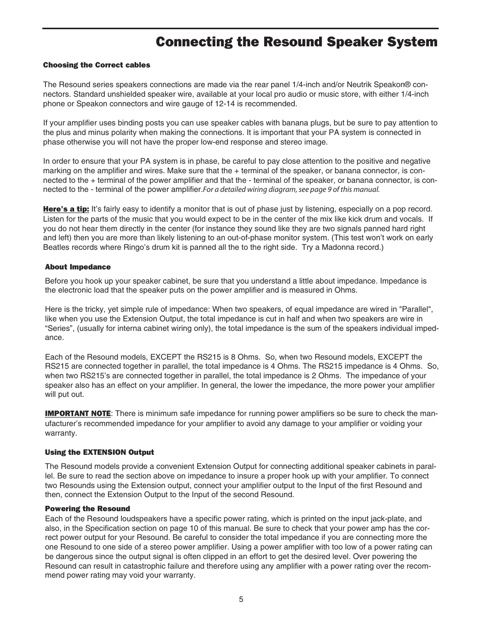 Connecting the resound speaker system | Samson RS12 User Manual | Page 7 / 16
