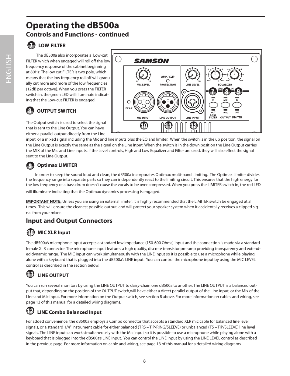 Operating the db500a, English, Db500a | Controls and functions - continued, Input and output connectors, Samson, Low filter, Output switch, Optimax limiter, Mic xlr input | Samson dB500a User Manual | Page 12 / 70
