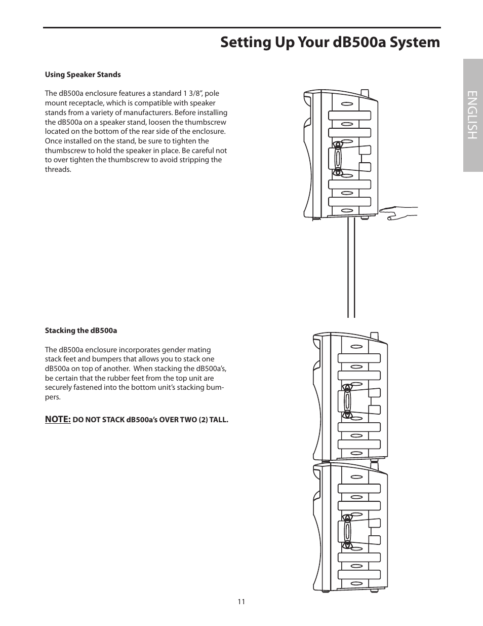 Setting up your db500a system, Using speaker stands, Stacking the db500a | English | Samson dB500a User Manual | Page 15 / 70