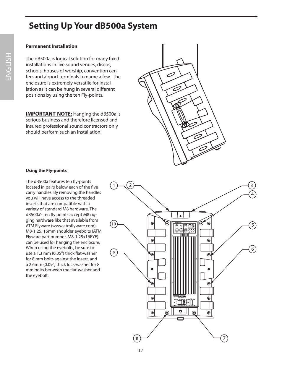 Permanent installation, Using the fly-points, Setting up your db500a system | English | Samson dB500a User Manual | Page 16 / 70