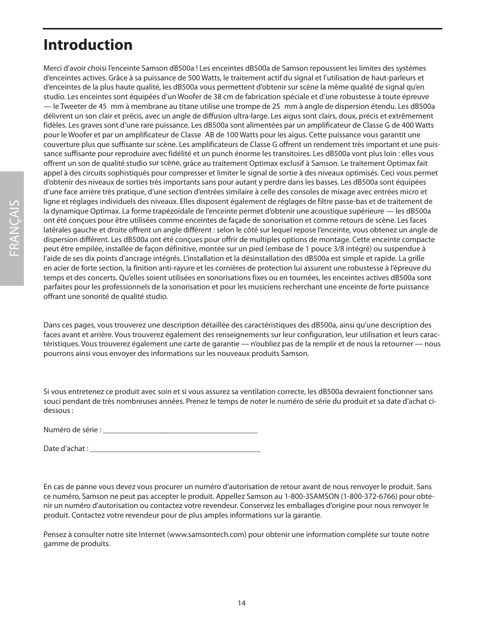 Français, Introduction, Fr anç ais | Samson dB500a User Manual | Page 18 / 70