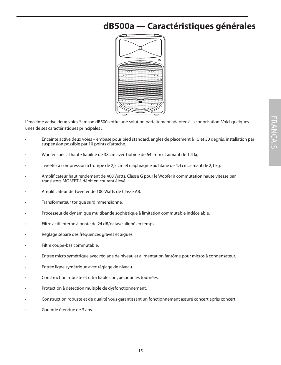 Db500a — caractéristiques générales, Fr anç ais | Samson dB500a User Manual | Page 19 / 70