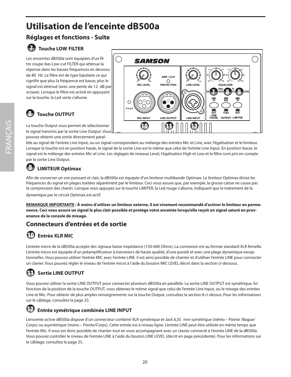 Utilisation de l’enceinte db500a, Fr anç ais, Db500a | Réglages et fonctions - suite, Connecteurs d’entrées et de sortie, Samson, Touche low filter, Touche output, Limiteur optimax, Entrée xlr mic | Samson dB500a User Manual | Page 24 / 70