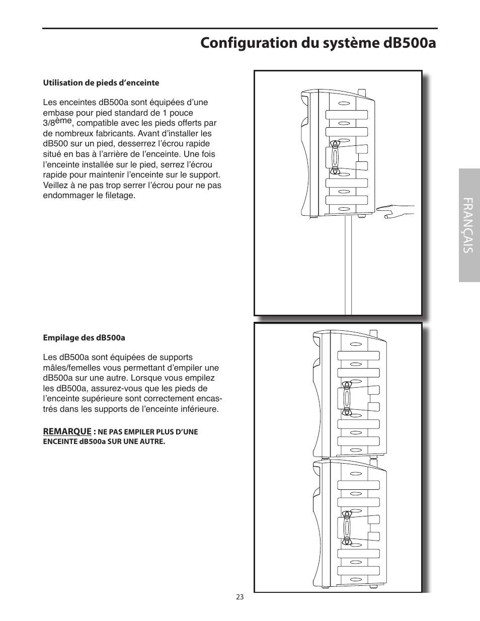 Configuration du système db500a, Utilisation de pieds d’enceinte, Empilage des db500a | Fr anç ais | Samson dB500a User Manual | Page 27 / 70
