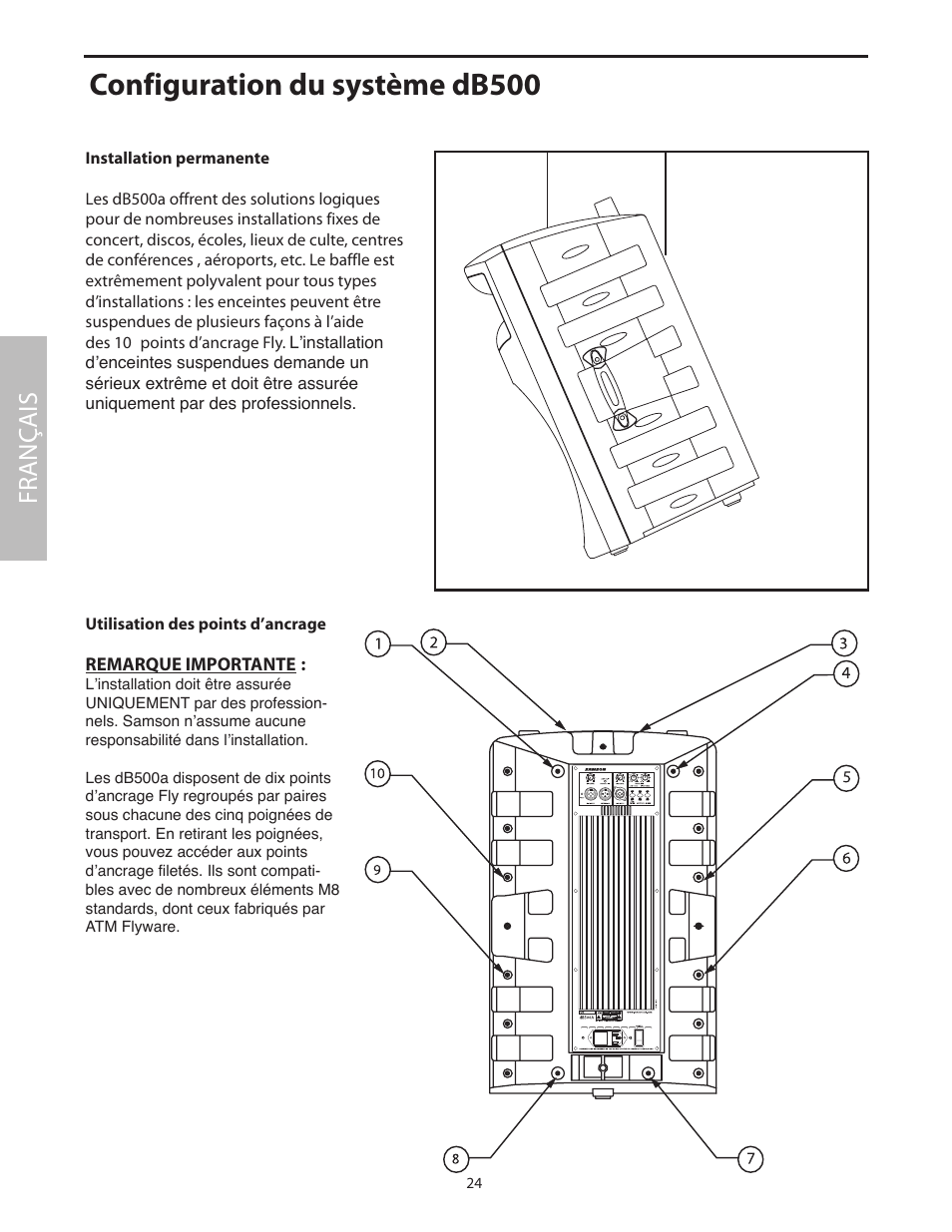Configuration du système db500, Installation permanente, Utilisation des points d’ancrage | Fr anç ais | Samson dB500a User Manual | Page 28 / 70