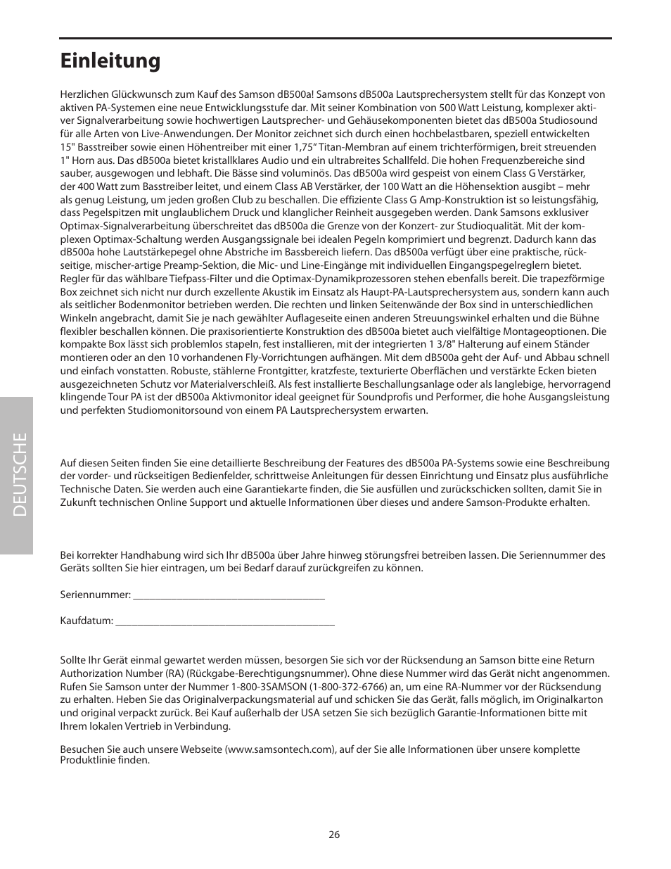 Deutsche, Einleitung, Deut sche | Samson dB500a User Manual | Page 30 / 70