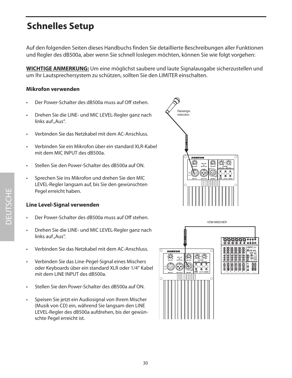 Schnelles setup, Deut sche | Samson dB500a User Manual | Page 34 / 70