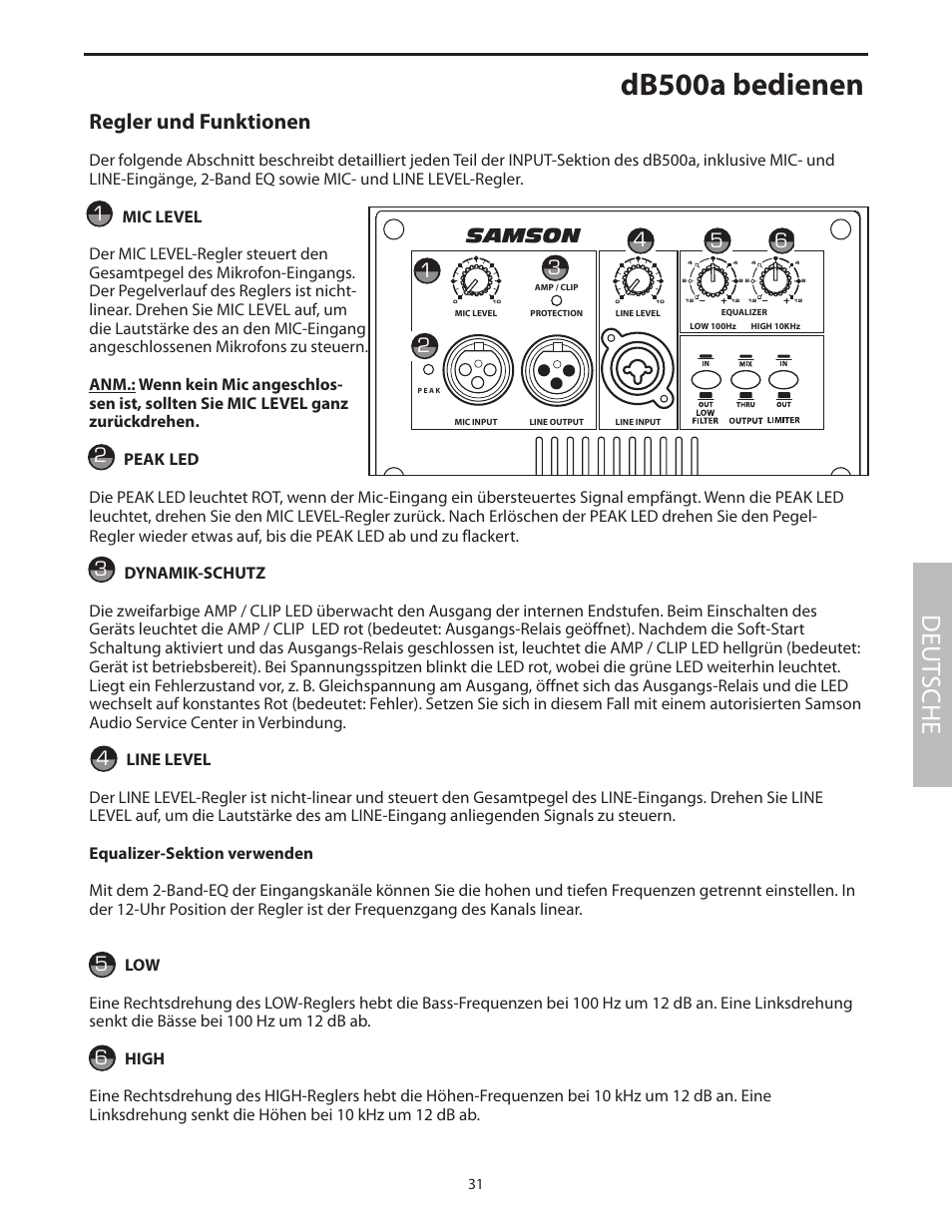 Db500a bedienen, Deut sche, Db500a | Regler und funktionen, Samson | Samson dB500a User Manual | Page 35 / 70