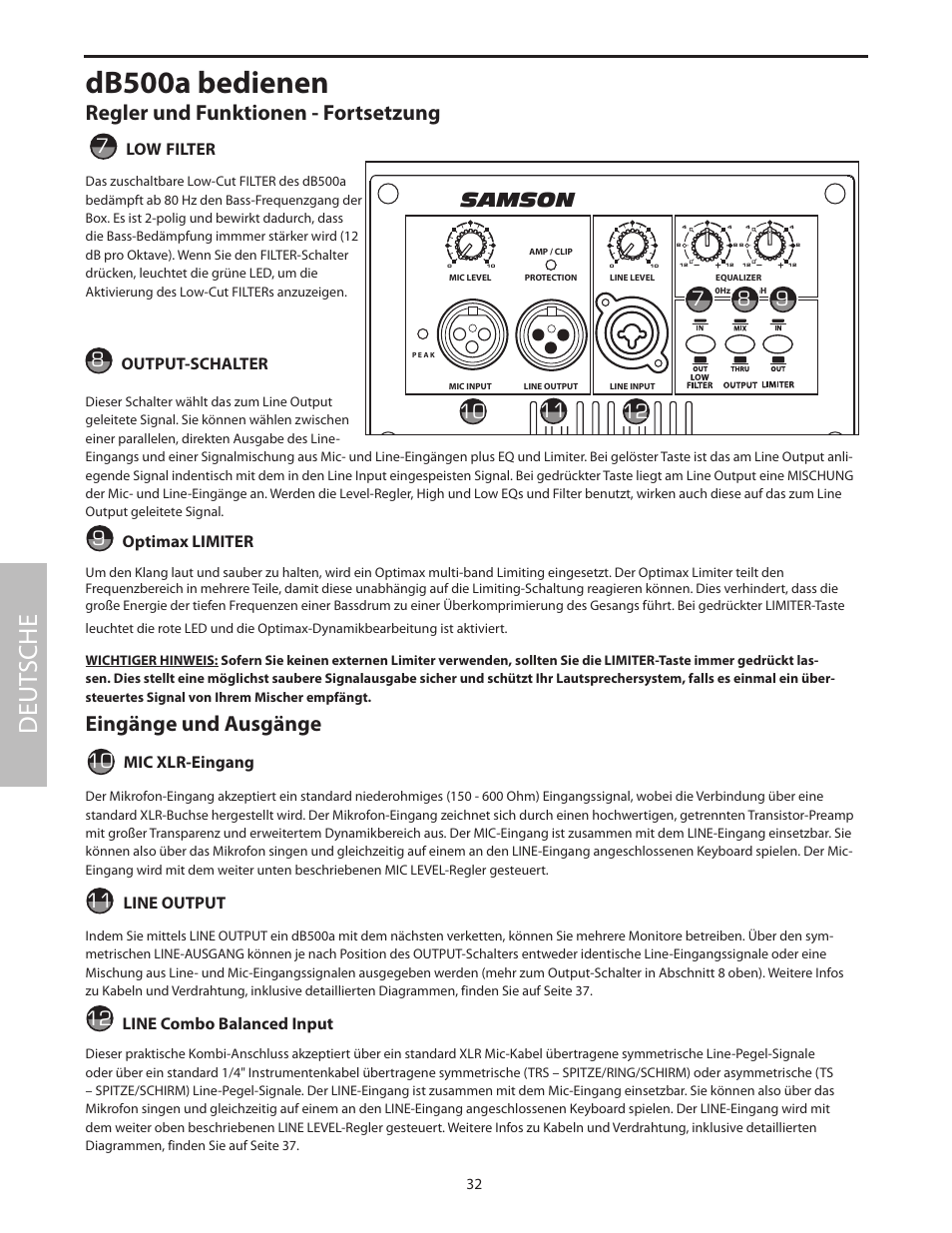 Db500a bedienen, Deut sche, Db500a | Regler und funktionen - fortsetzung, Eingänge und ausgänge, Samson, Low filter, Output-schalter, Optimax limiter, Mic xlr-eingang | Samson dB500a User Manual | Page 36 / 70