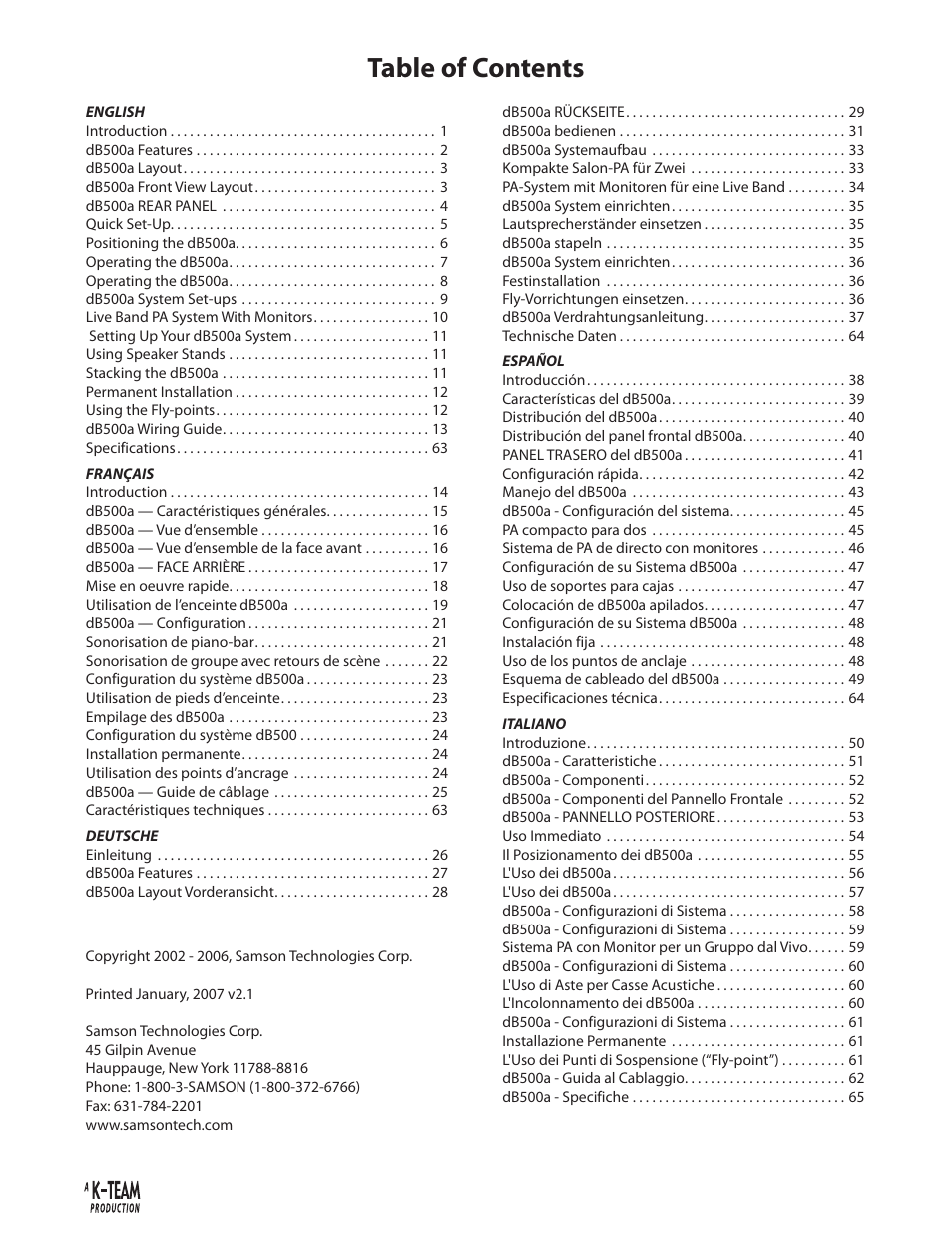 Samson dB500a User Manual | Page 4 / 70