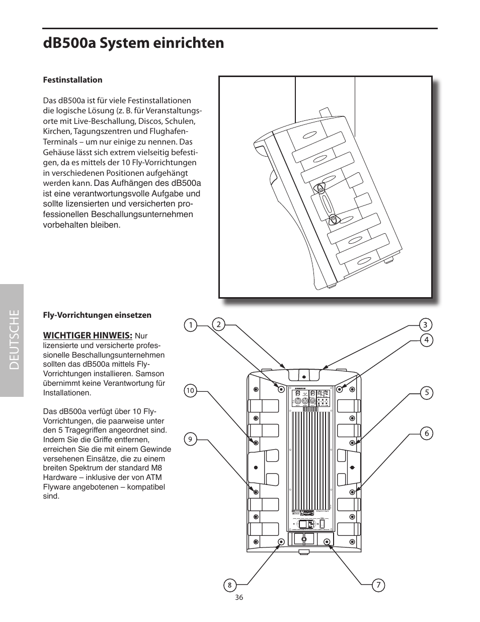 Db500a system einrichten, Festinstallation, Fly-vorrichtungen einsetzen | Deut sche | Samson dB500a User Manual | Page 40 / 70