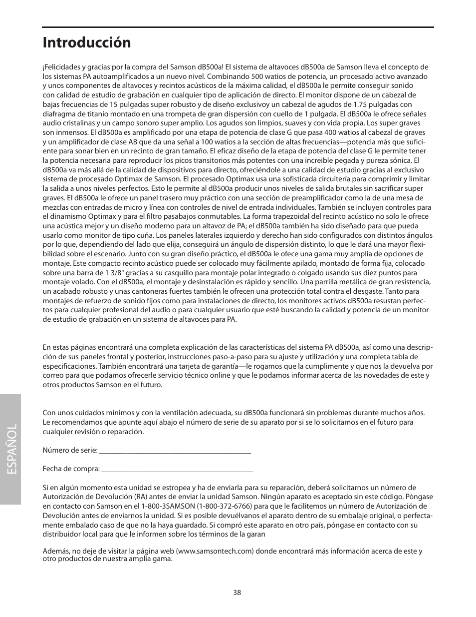 Español, Introducción, Esp añol | Samson dB500a User Manual | Page 42 / 70