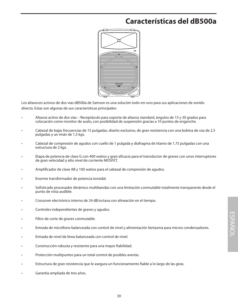 Características del db500a, Esp añol | Samson dB500a User Manual | Page 43 / 70