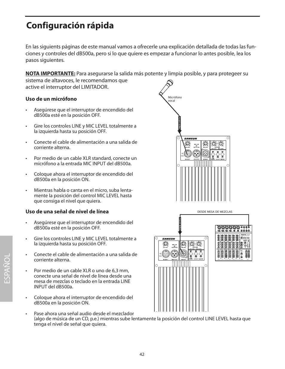 Configuración rápida, Esp añol | Samson dB500a User Manual | Page 46 / 70