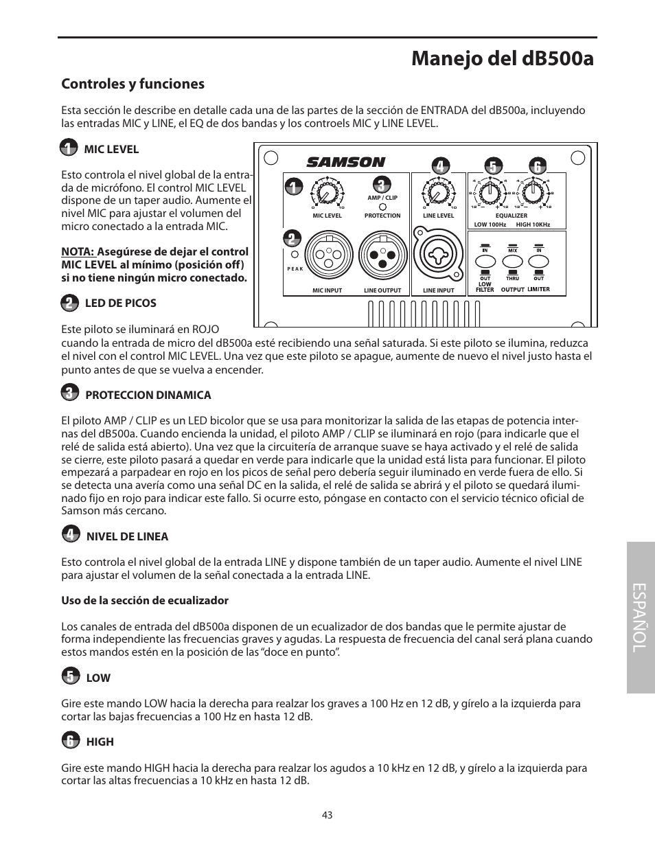 Manejo del db500a, Esp añol, Db500a | Controles y funciones, Samson | Samson dB500a User Manual | Page 47 / 70