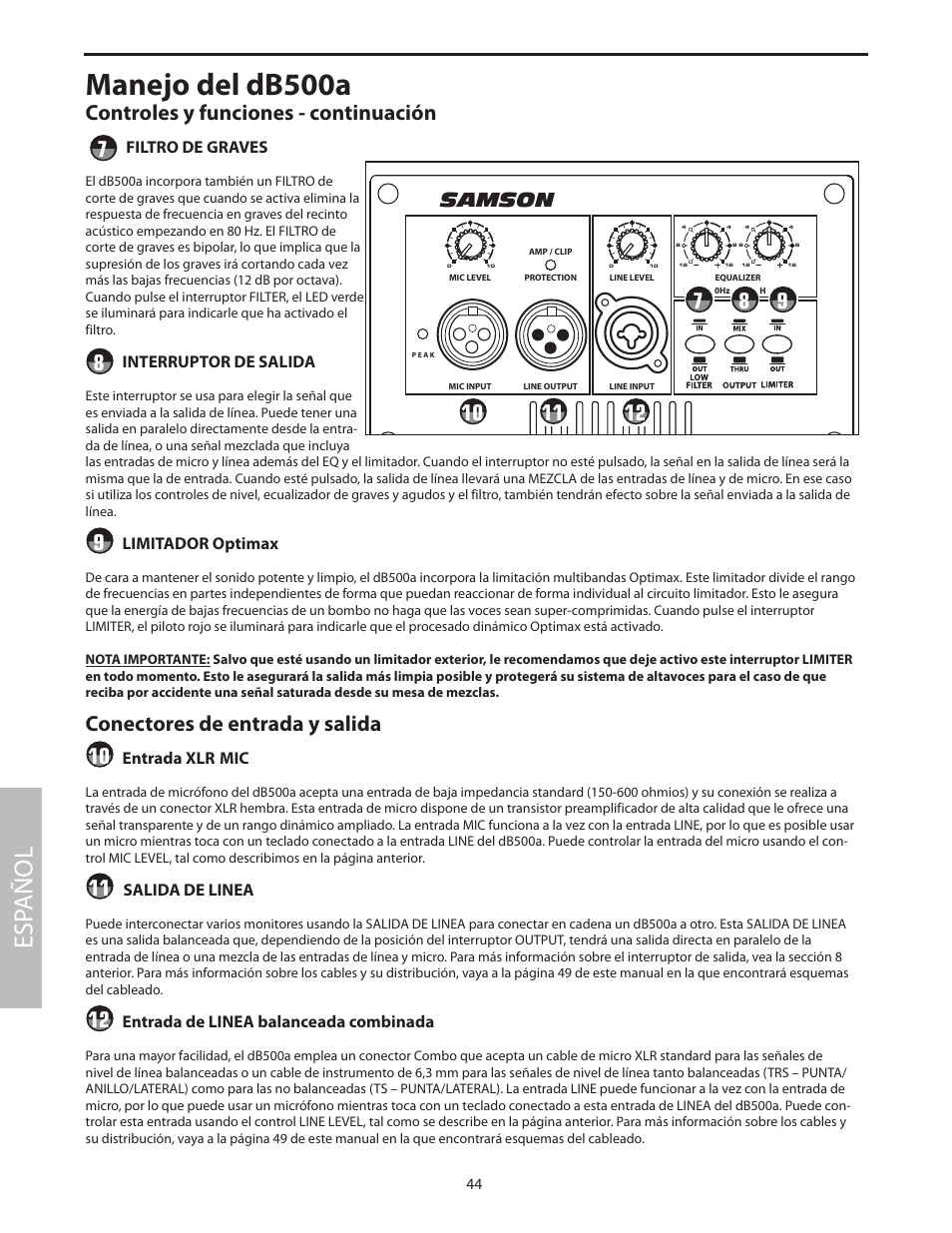 Manejo del db500a, Esp añol, Db500a | Controles y funciones - continuación, Conectores de entrada y salida, Samson, Filtro de graves, Interruptor de salida, Limitador optimax, Entrada xlr mic | Samson dB500a User Manual | Page 48 / 70