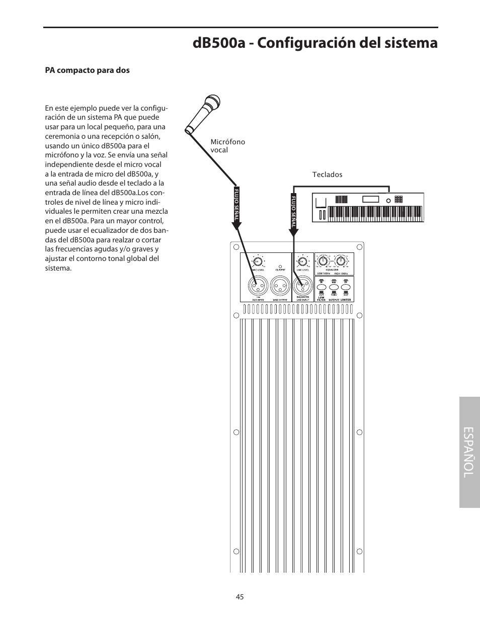 Db500a - configuración del sistema, Pa compacto para dos, Esp añol | Samson dB500a User Manual | Page 49 / 70