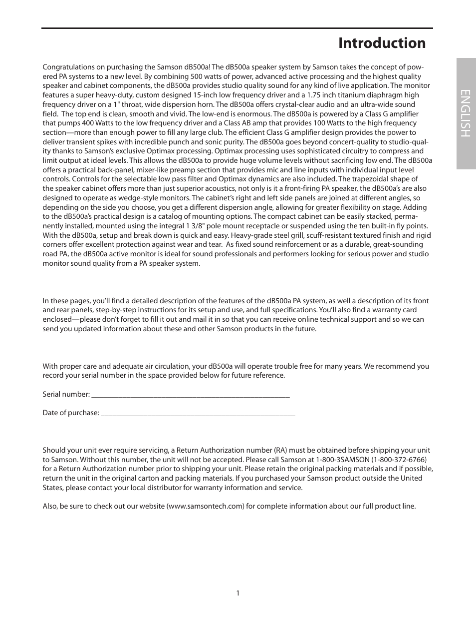 English, Introduction | Samson dB500a User Manual | Page 5 / 70