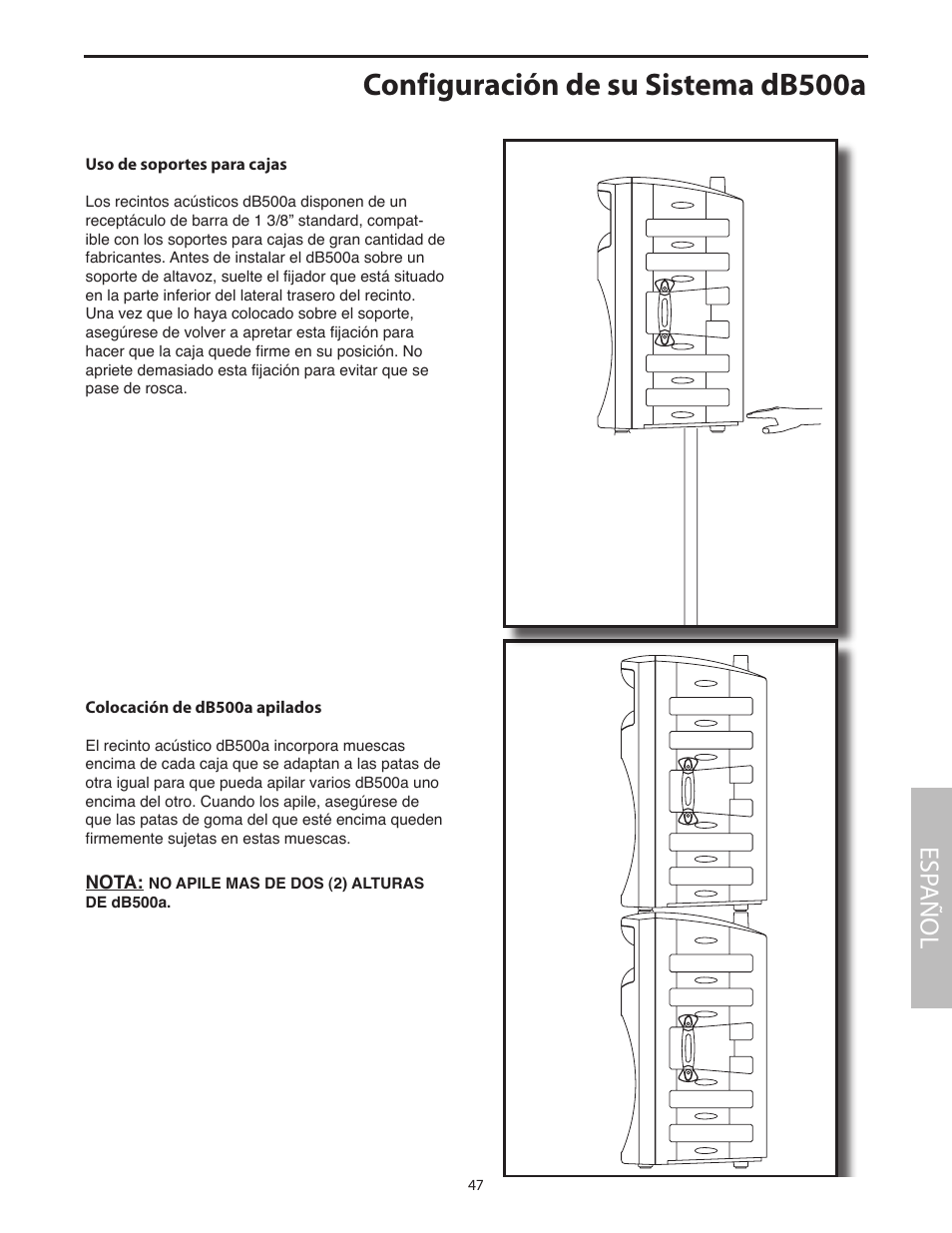 Configuración de su sistema db500a, Uso de soportes para cajas, Colocación de db500a apilados | Esp añol | Samson dB500a User Manual | Page 51 / 70