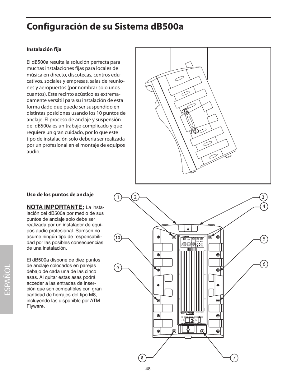 Configuración de su sistema db500a, Instalación fija, Uso de los puntos de anclaje | Esp añol | Samson dB500a User Manual | Page 52 / 70