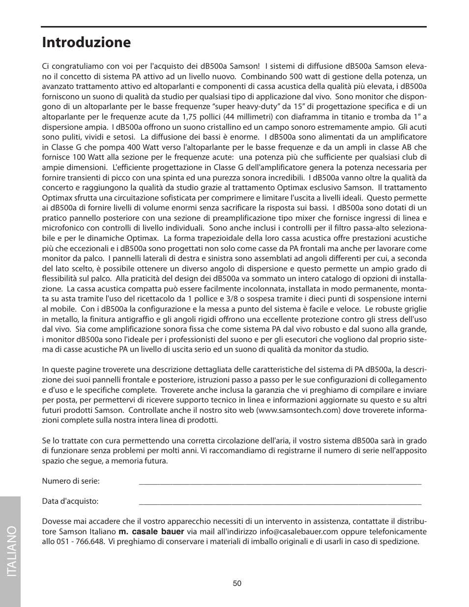 Italiano, Introduzione, It aliano | Samson dB500a User Manual | Page 54 / 70