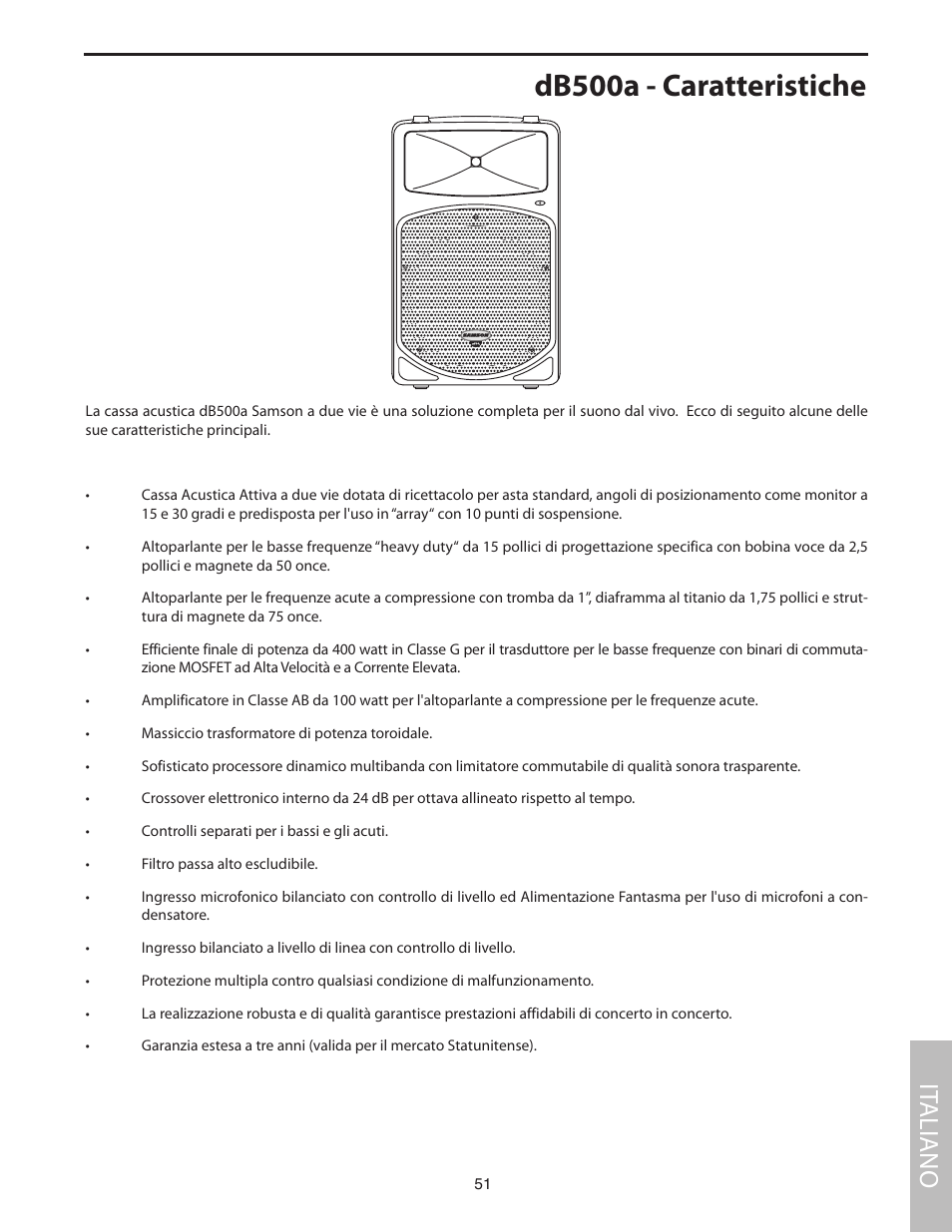 Db500a - caratteristiche, It aliano | Samson dB500a User Manual | Page 55 / 70