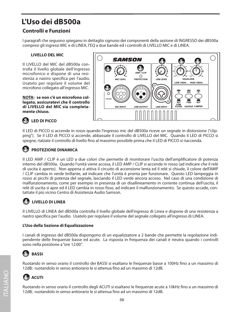 L'uso dei db500a, It aliano, Db500a | Controlli e funzioni, Samson | Samson dB500a User Manual | Page 60 / 70