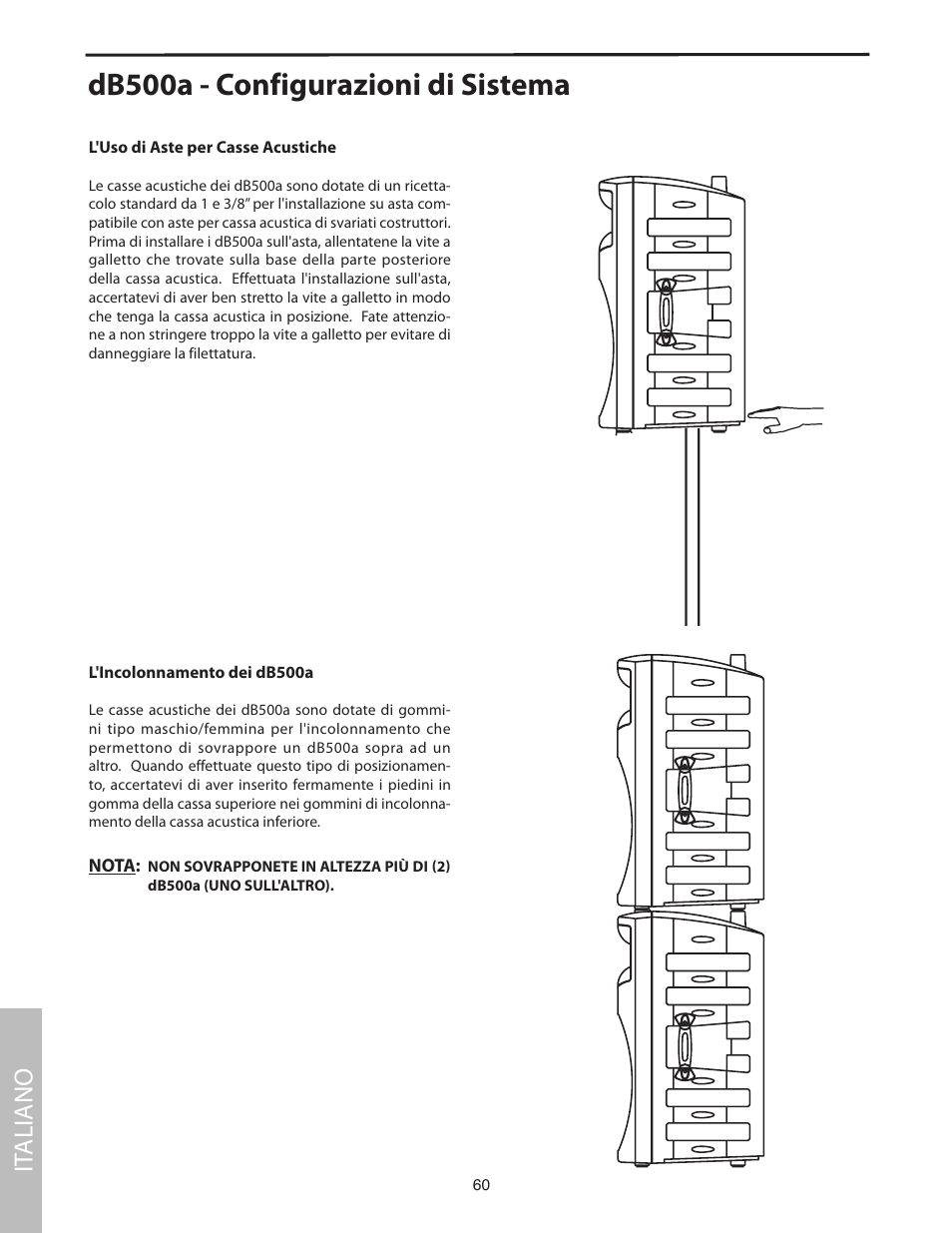 Db500a - configurazioni di sistema, L'uso di aste per casse acustiche, L'incolonnamento dei db500a | It aliano | Samson dB500a User Manual | Page 64 / 70