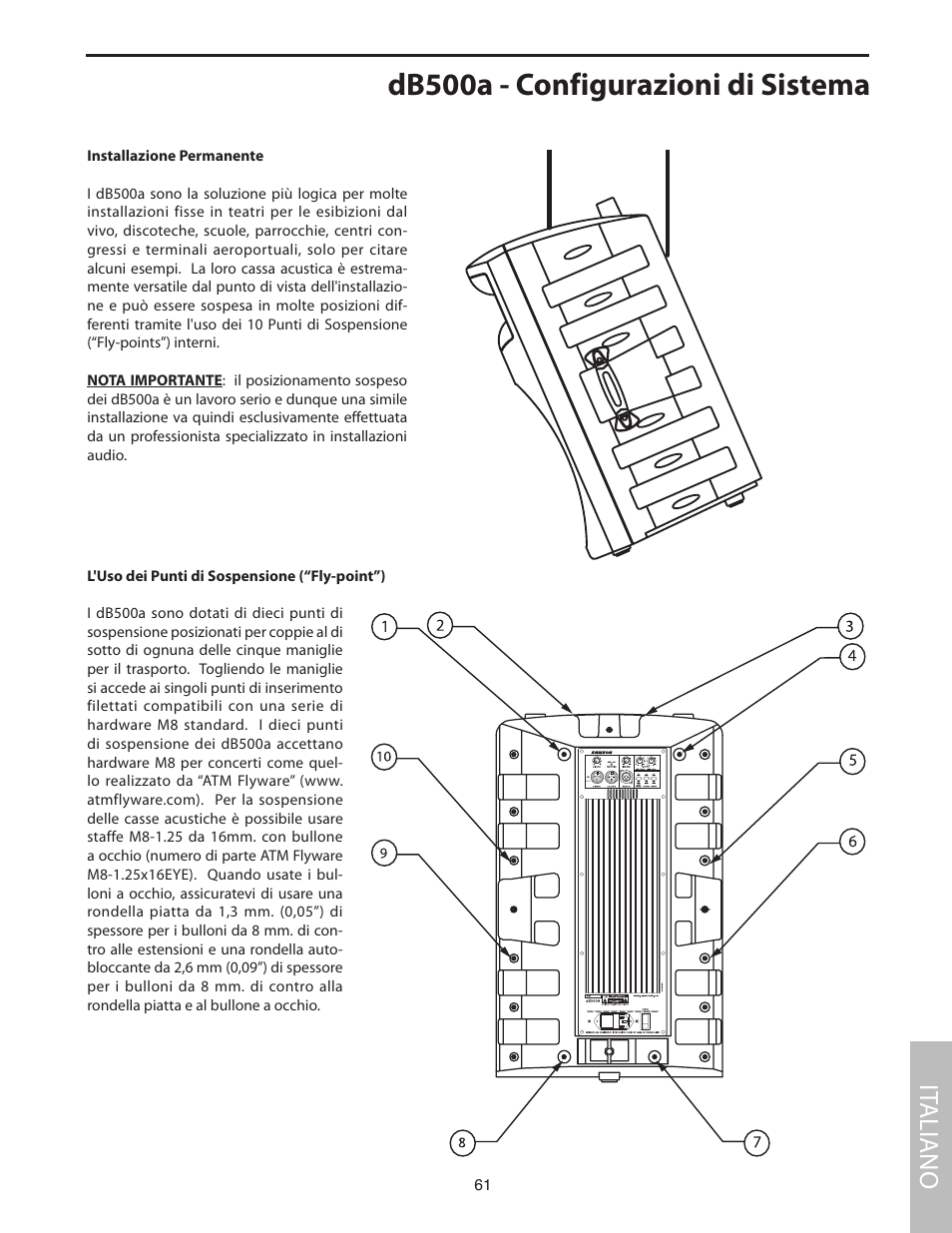 Db500a - configurazioni di sistema, Installazione permanente, L'uso dei punti di sospensione (“fly-point”) | It aliano | Samson dB500a User Manual | Page 65 / 70