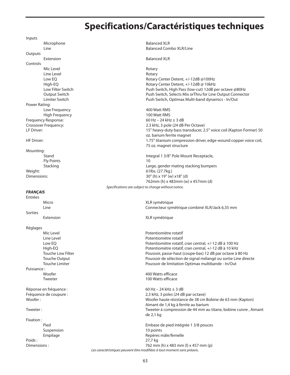 Specifications/caractéristiques techniques | Samson dB500a User Manual | Page 67 / 70
