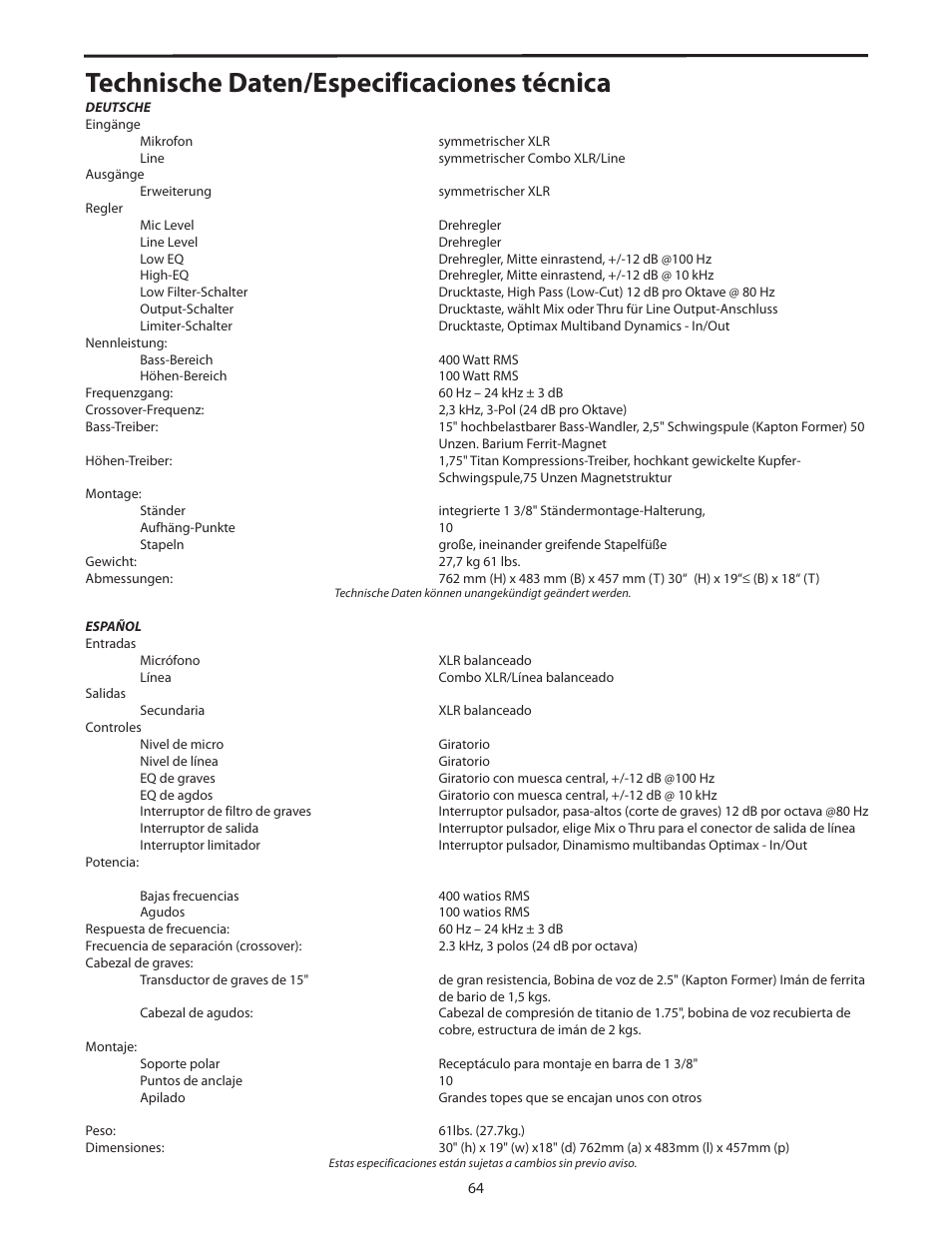Technische daten/especificaciones técnica | Samson dB500a User Manual | Page 68 / 70