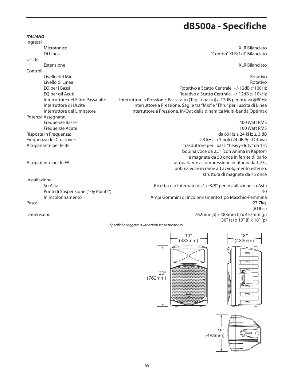 Db500a - specifiche | Samson dB500a User Manual | Page 69 / 70