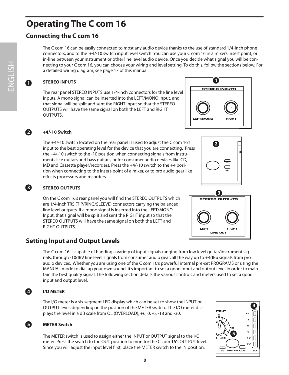 Operating the c com 16, Connecting the c com 16, Setting input and output levels | English | Samson C com 16 User Manual | Page 10 / 84