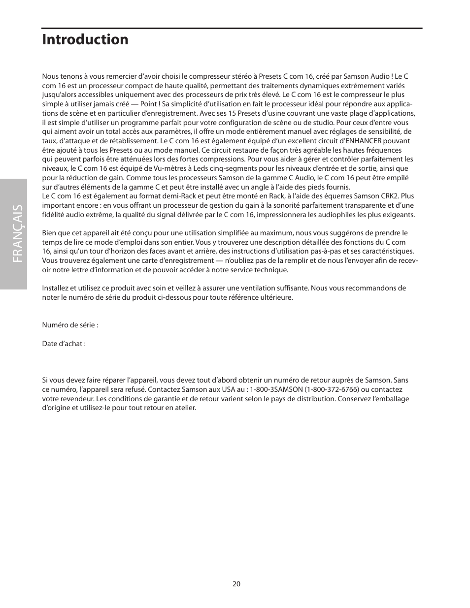 Introduction, Fr anç ais | Samson C com 16 User Manual | Page 22 / 84