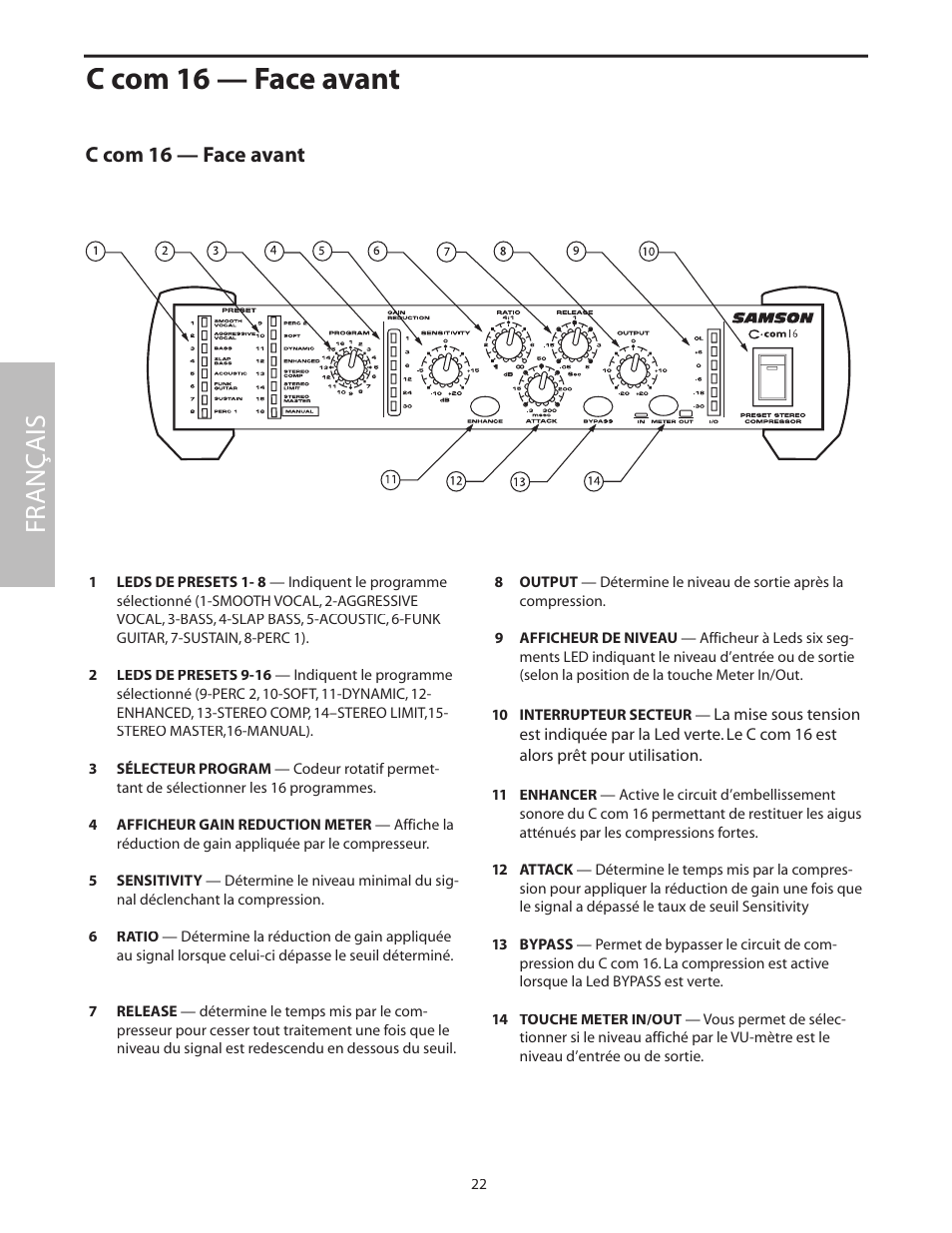 C com 16 — face avant, Fr anç ais | Samson C com 16 User Manual | Page 24 / 84