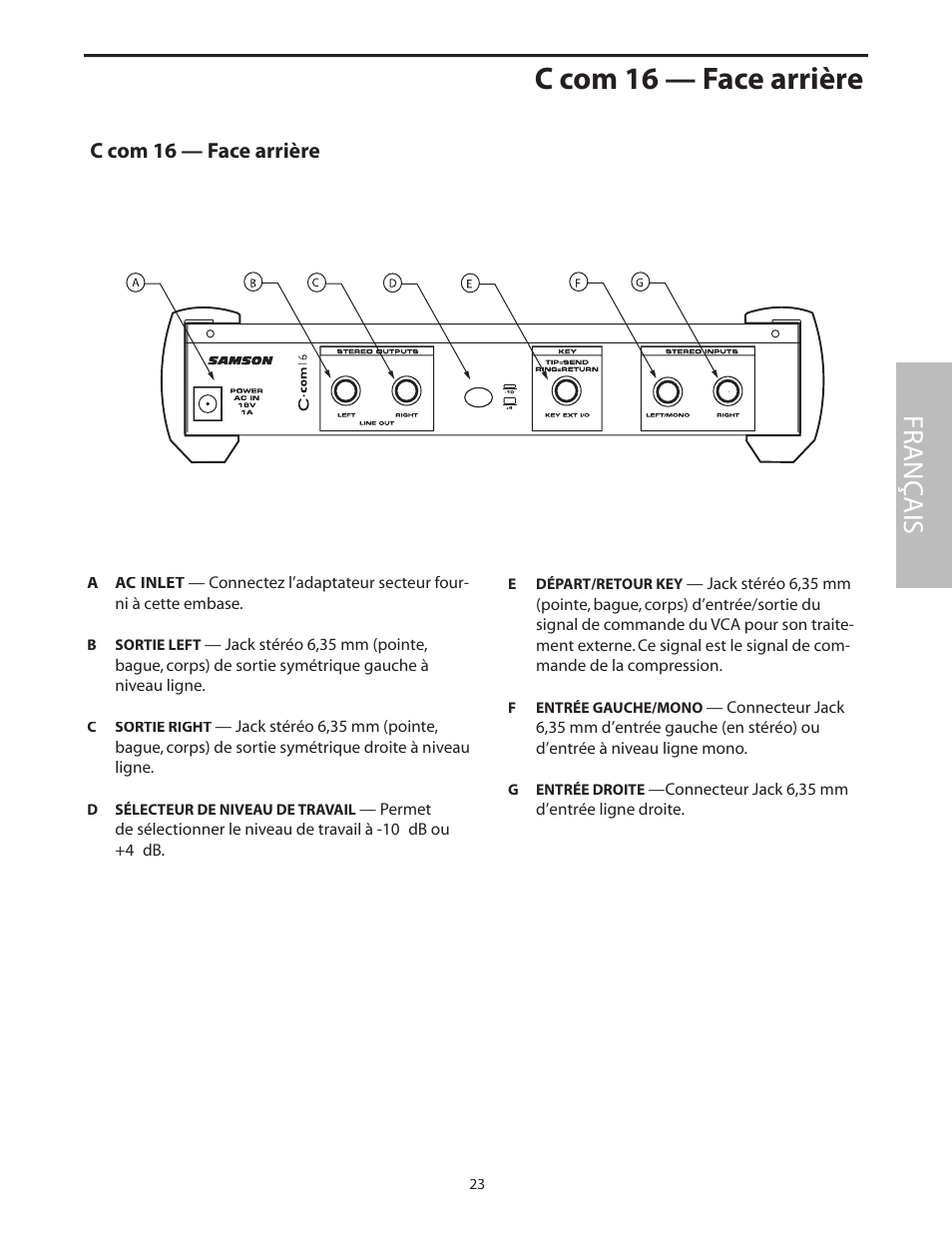 C com 16 — face arrière, Fr anç ais | Samson C com 16 User Manual | Page 25 / 84