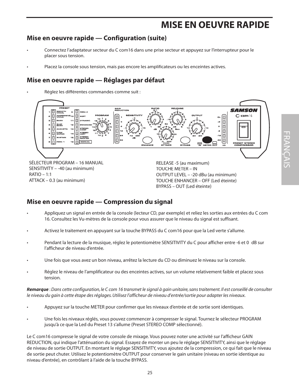 Mise en oeuvre rapide — configuration (suite), Mise en oeuvre rapide, Fr anç ais | Mise en oeuvre rapide — compression du signal, Mise en oeuvre rapide — réglages par défaut | Samson C com 16 User Manual | Page 27 / 84
